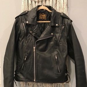 Leather moto jacket with tie up detail on side